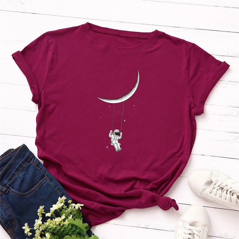 Women's Moon Astronaut Printed T-shirt Short Sleeve Bottoming Top