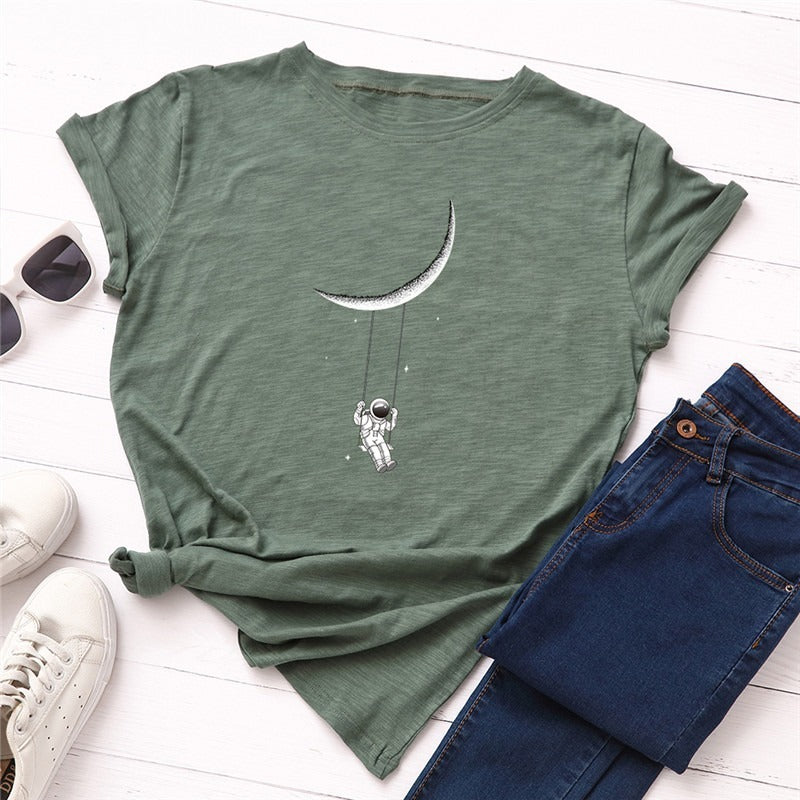 Women's Moon Astronaut Printed T-shirt Short Sleeve Bottoming Top