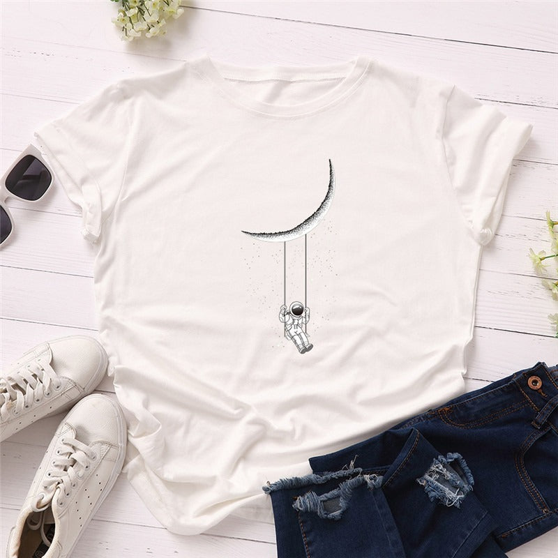 Women's Moon Astronaut Printed T-shirt Short Sleeve Bottoming Top