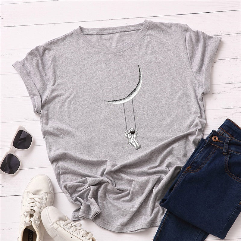 Women's Moon Astronaut Printed T-shirt Short Sleeve Bottoming Top